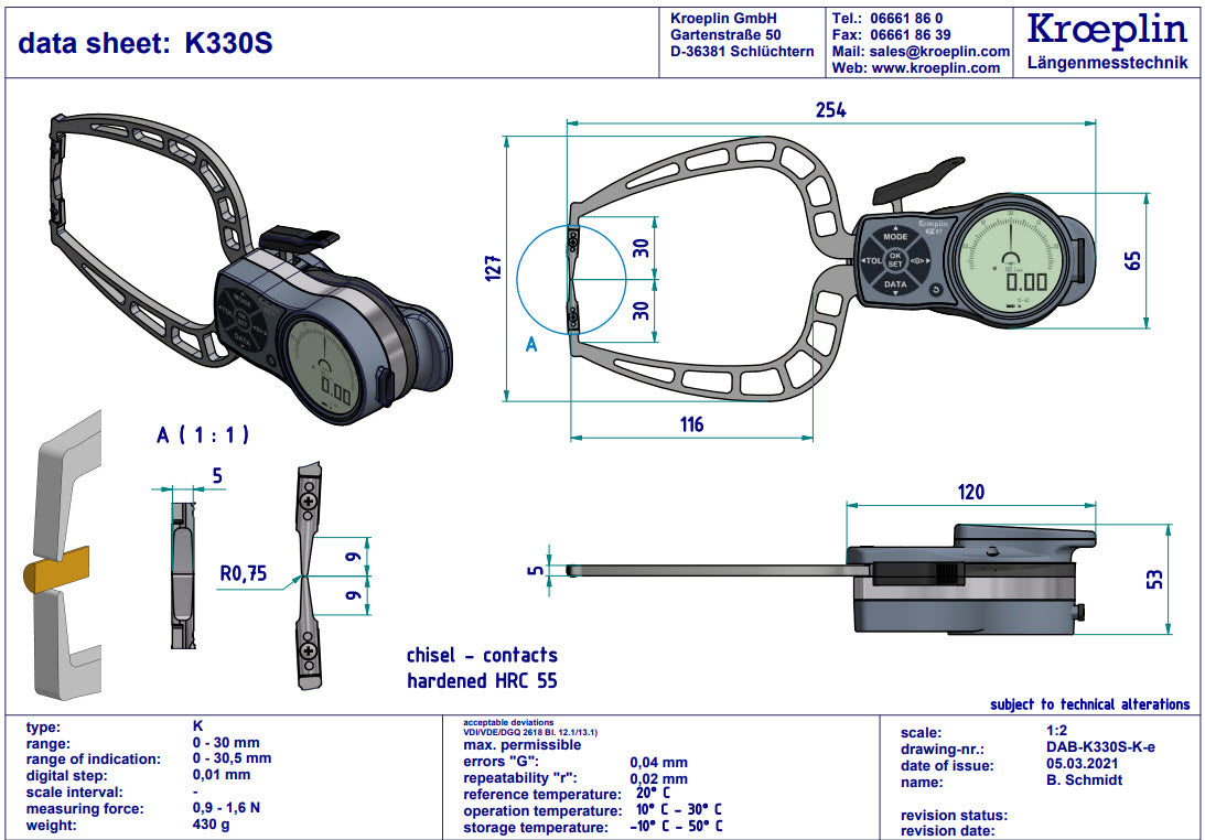 Kroeplin Digital External Caliper Gauge 0-30mm, 0.001mm K330S