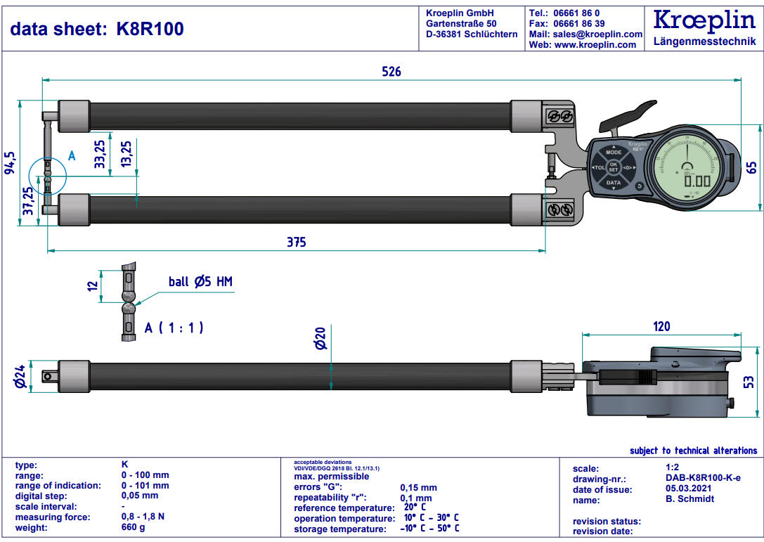 Kroeplin Digital Tube Wall Caliper Gauge 0-100mm, 0.001mm K8R100