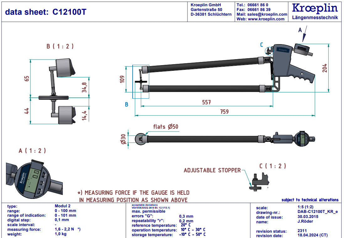 Kroeplin Digital External Caliper Gauge 0-100mm, 0.1mm C12100T with 50mm Discs