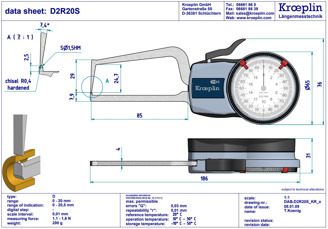Kroeplin Analogue Tube Wall Caliper Gauge 0-20mm, 0.01mm D2R20S ( Mitutoyo Equivalent 209-406)