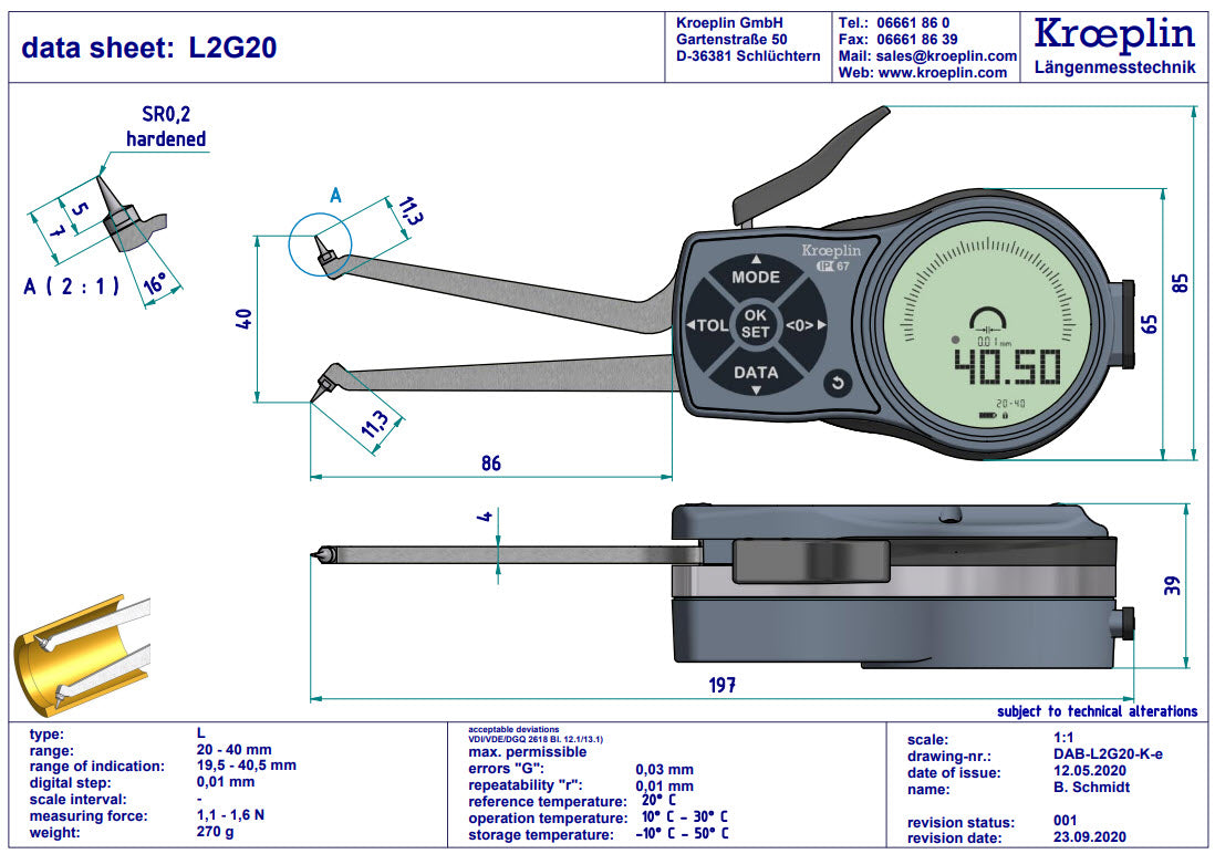 Mitutoyo L2G20 electronic internal measuring gauge Measuring range Meb: 20 – 40 mm Numerical interval Zw: 0,001 / 0,002 / 0,005 / 0,01 / 0,02 / 0,05mm Measuring depth L max.: 85 mm