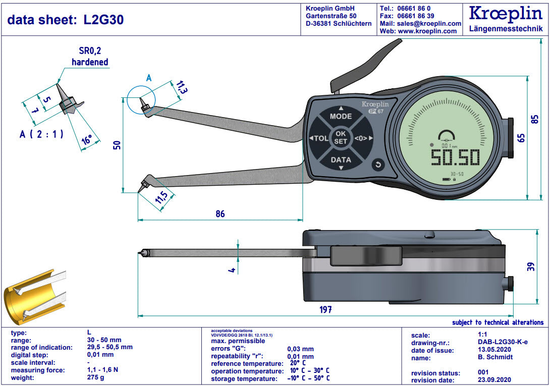 Mitutoyo L2G30 electronic internal measuring gauge Measuring range Meb: 30 – 50 mm Numerical interval Zw: 0,001 / 0,002 / 0,005 / 0,01 / 0,02 / 0,05mm Measuring depth L max.: 85 mm
