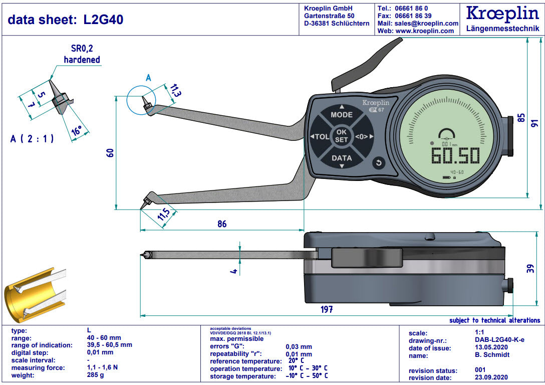 Mitutoyo L2G40 electronic internal measuring gauge Measuring range Meb: 40-60mm Numerical interval Zw: 0,001 / 0,002 / 0,005 / 0,01 / 0,02 / 0,05mm Measuring depth L max.: 85 mm