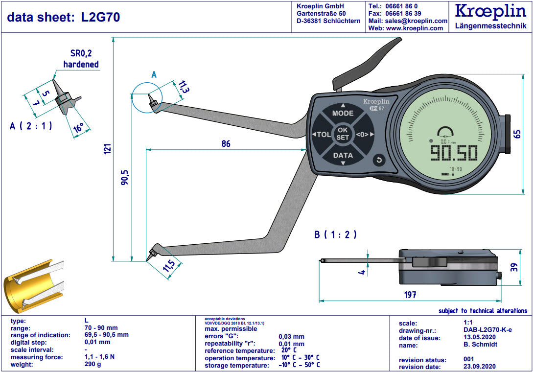 Mitutoyo L2G70 electronic internal measuring gauge Measuring range Meb: 70-90mm Numerical interval Zw: 0,001 / 0,002 / 0,005 / 0,01 / 0,02 / 0,05mm Measuring depth L max.: 85 mm
