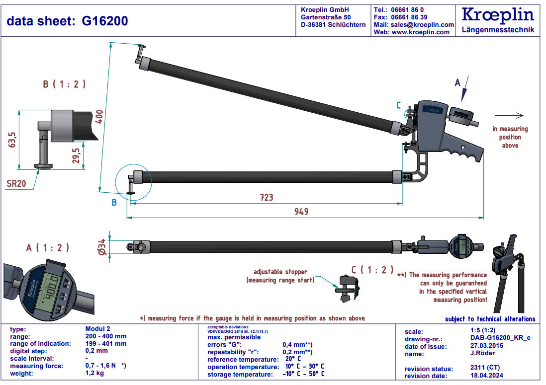 Kroeplin Digital Internal Caliper Gauge 200-400mm, 0.01mm, G16200, Depth 746mm