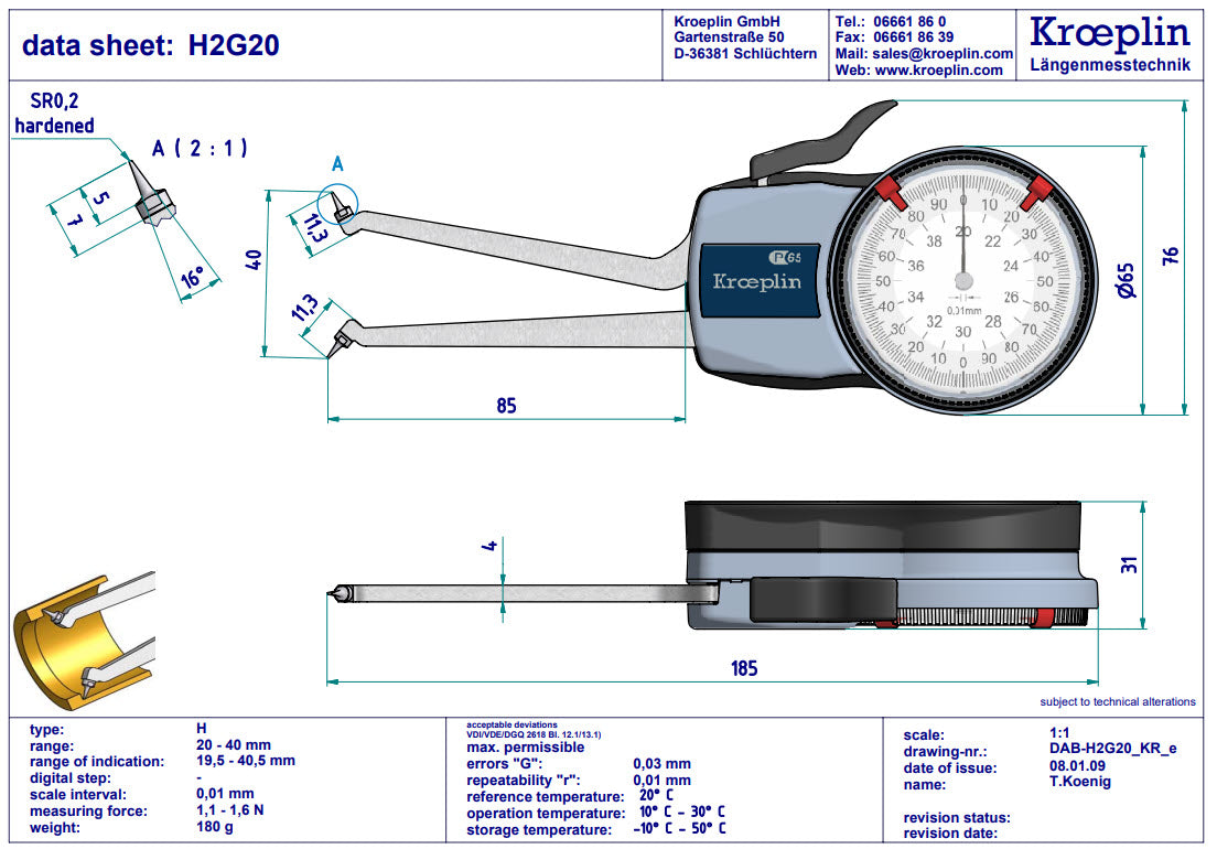 Kroeplin H2G20 mechanical internal measuring gauge Measuring range 20 – 40 mm Grad 0,01 mm Measuring depth L max.: 85 mm