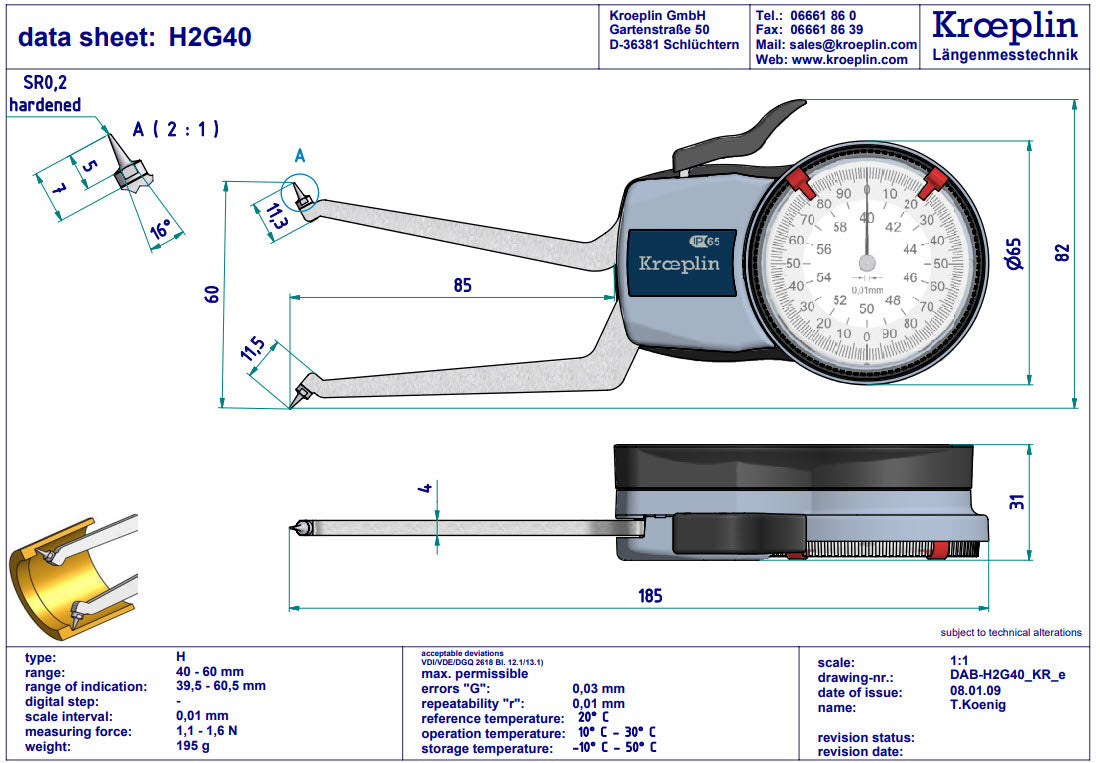 Kroeplin H2G40 mechanical internal measuring gauge Measuring range 40-60 mm Grad 0,01 mm Measuring depth L max.: 85 mm