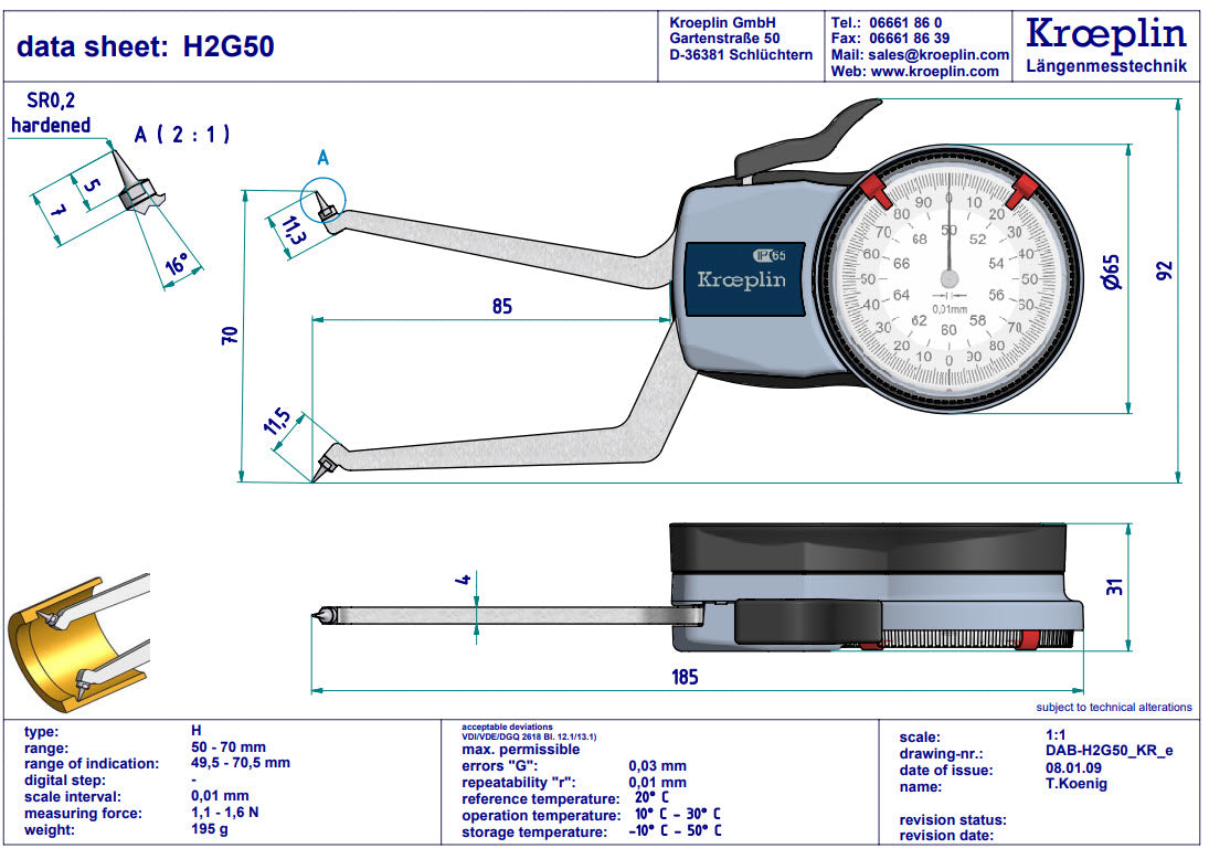 Kroeplin H2G50 mechanical internal measuring gauge Measuring range 50-70 mm Grad 0,01 mm Measuring depth L max.: 85 mm