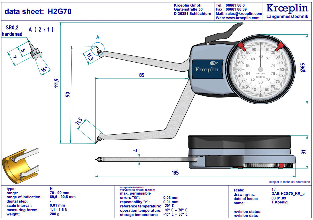 Kroeplin H2G70 mechanical internal measuring gauge Measuring range 70-90 mm Grad 0,01 mm Measuring depth L max.: 85 mm