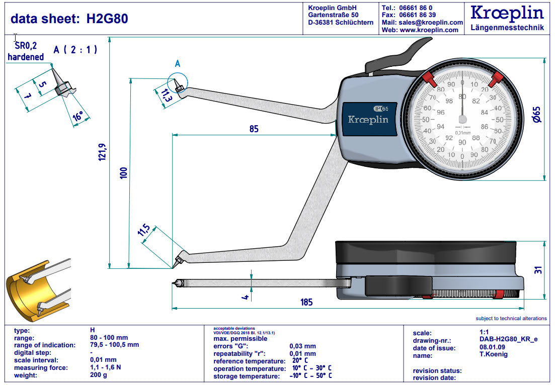 Kroeplin H2G80 mechanical internal measuring gauge Measuring range 80-100mm Grad 0,01 mm Measuring depth L max.: 85 mm