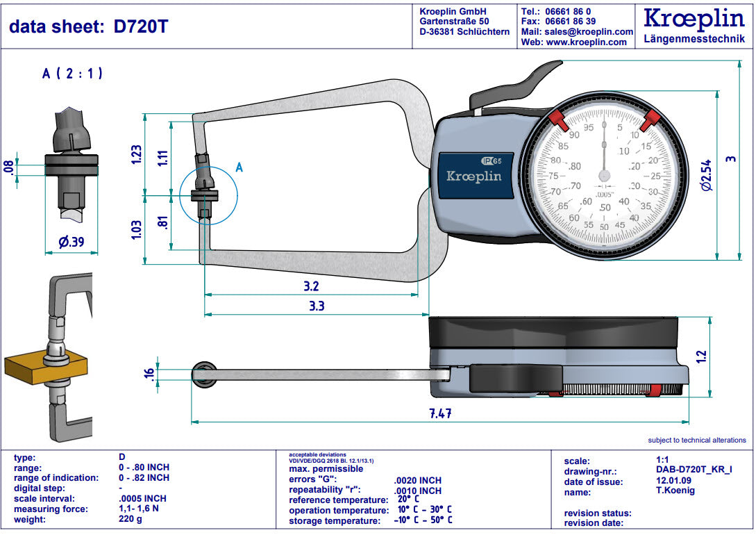 Kroeplin External Dial Caliper 0-0.8″ D720T