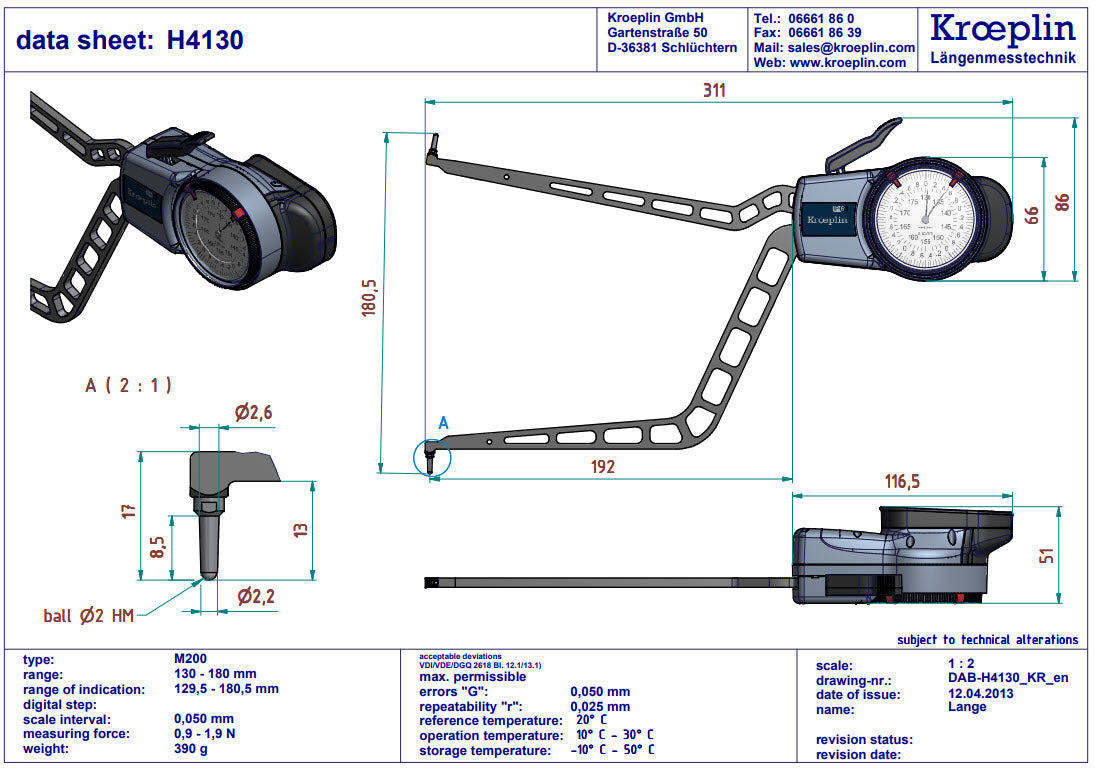 Kroeplin Metric Internal Caliper Gauge 130-180mm, 0.05mm H4130 ( Mitutoyo Equivalent 209-312)