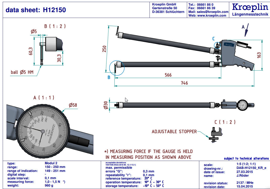 Kroeplin Metric Internal Caliper Gauge 150-250mm, 0.1mm H12150, depth 566mm