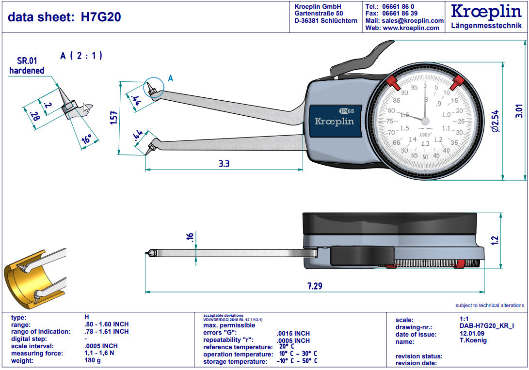 Kroeplin H7G20 mechanical internal measuring gauge Measuring range 0.8-1.6" Grad .0005" Measuring depth L max.: 3.3"