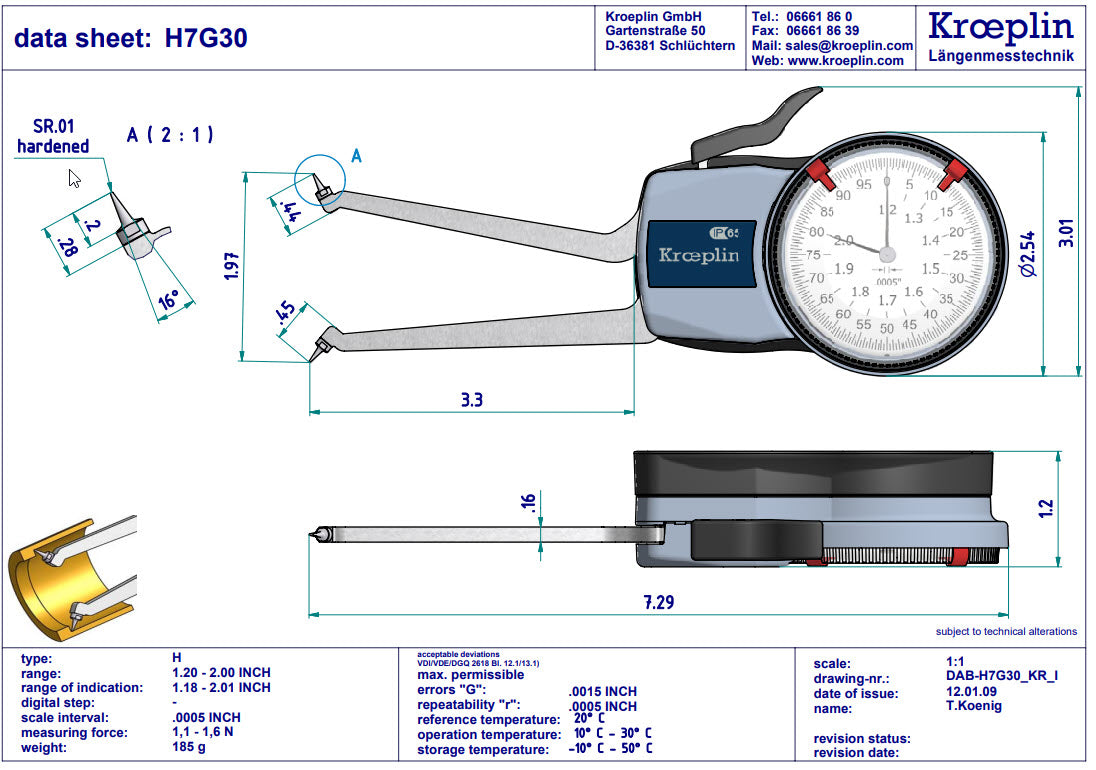 Kroeplin H7G30 mechanical internal measuring gauge Measuring range 1.2-2" Grad .0005" Measuring depth L max.: 3.3"
