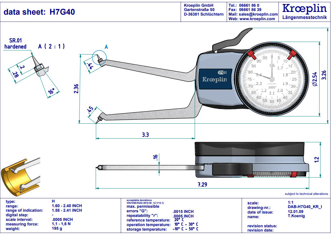Kroeplin H7G40 mechanical internal measuring gauge Measuring range 1.6-2.4" Grad .0005" Measuring depth L max.: 3.3"