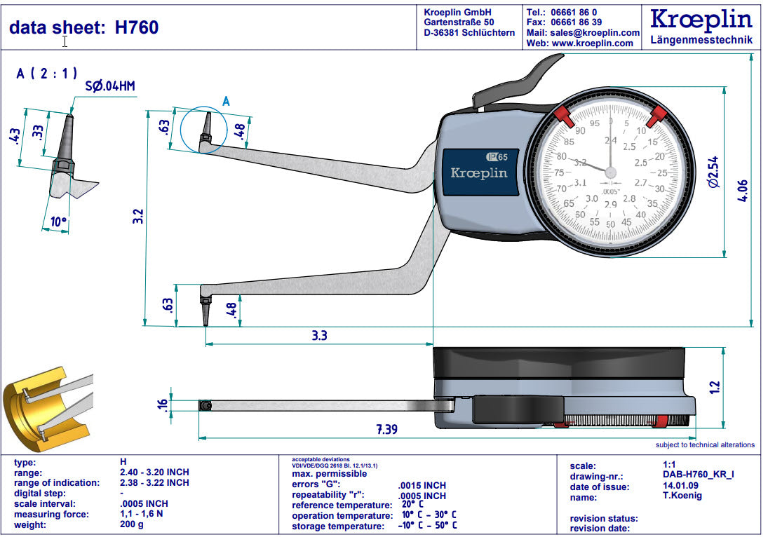 Kroeplin Metric Internal Dial Caliper Gauge 2.4-3.2" .0005" H760
