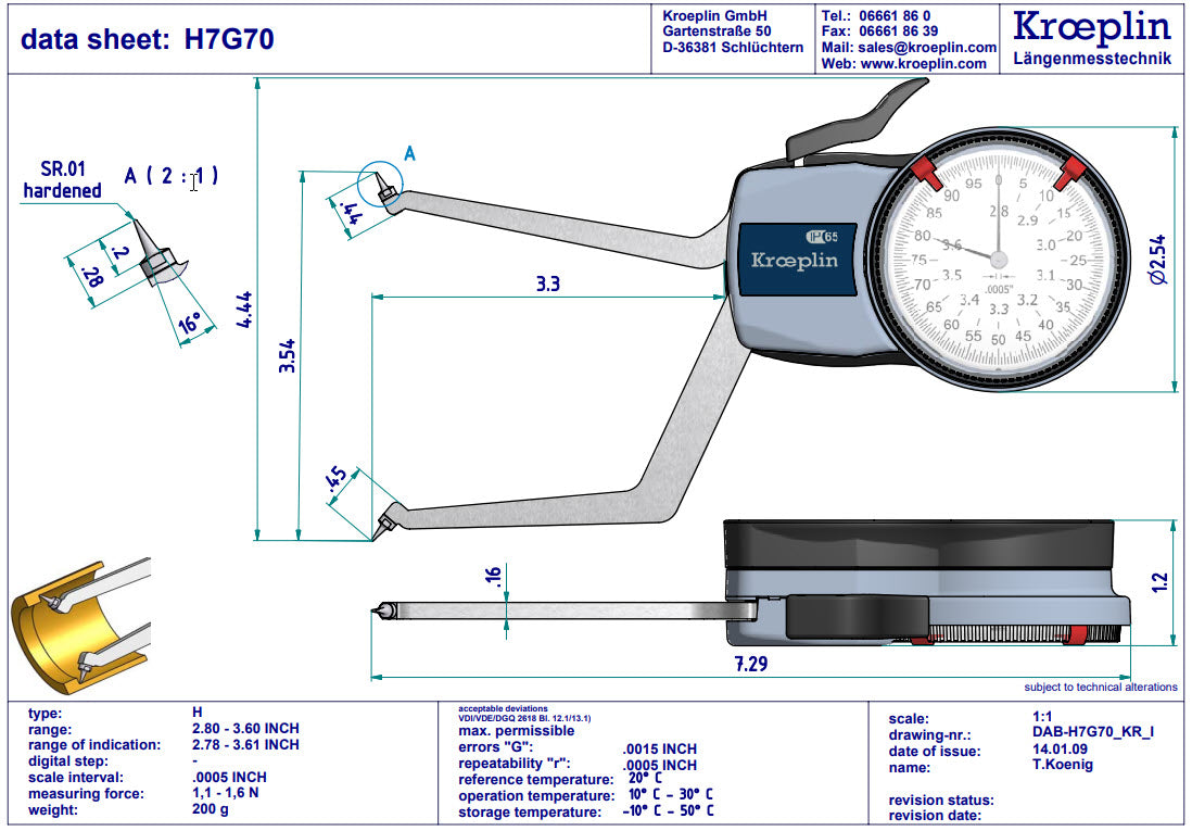 Kroeplin H7G70 mechanical internal measuring gauge Measuring range 2.8-3.6" Grad .0005" Measuring depth L max.: 3.3"