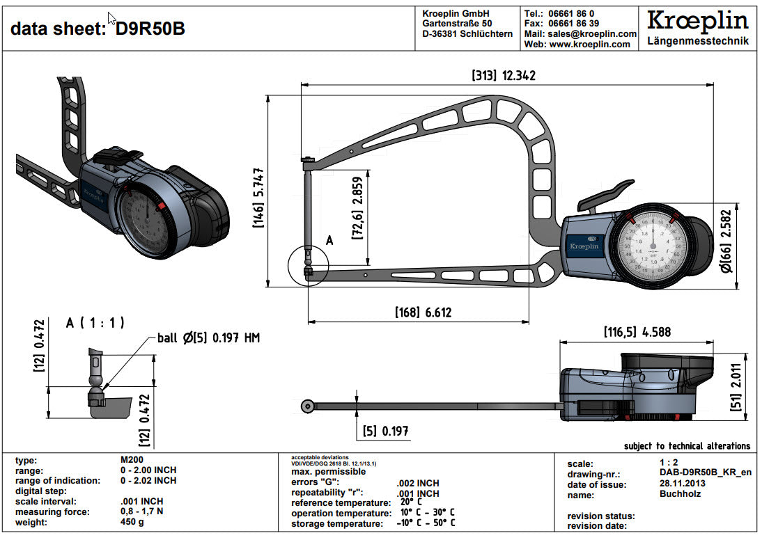 Kroeplin external Dial Caliper Gauge D9R50B, 0-2"
