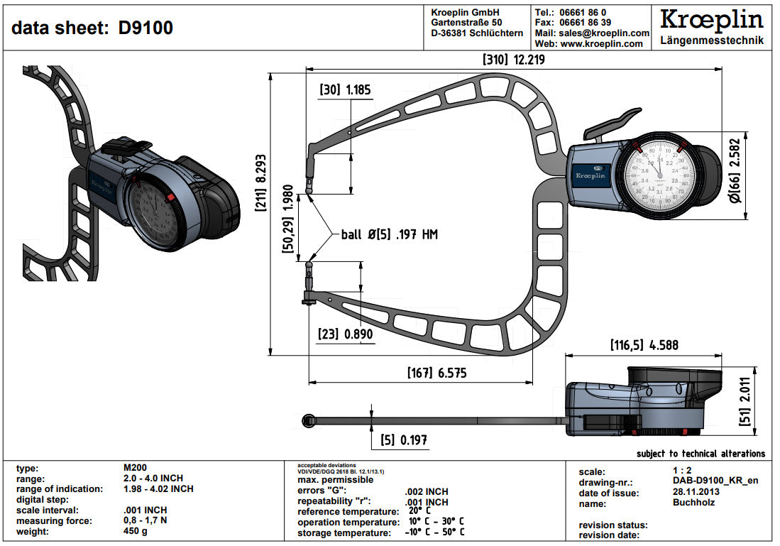 Kroeplin External Dial Caliper Gauge D9100 2-4" grad .001"