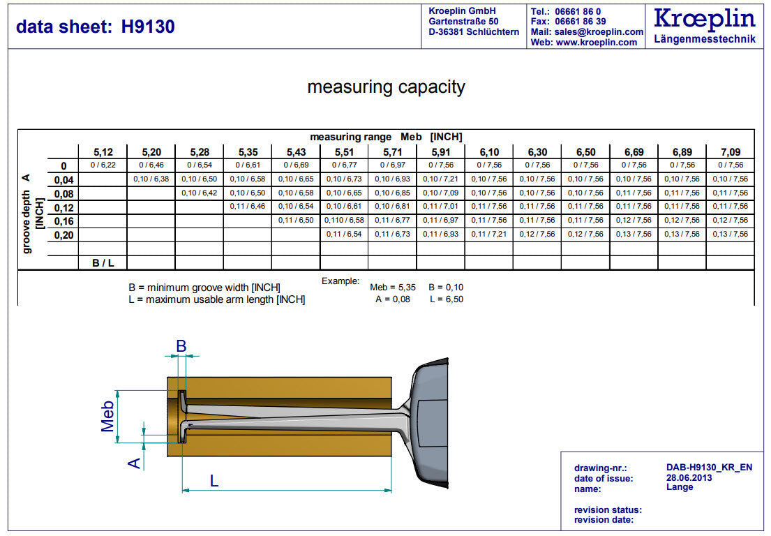 Kroeplin H9130 Internal Dial Caliper 5.2-7.2″ Grad .001" Depth 7.6"