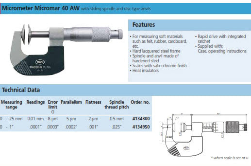Mahr 40AW Mechanical Micrometers Micromar Non Rotating Disc Micrometer, Range 0-25mm x .01mm 4134300