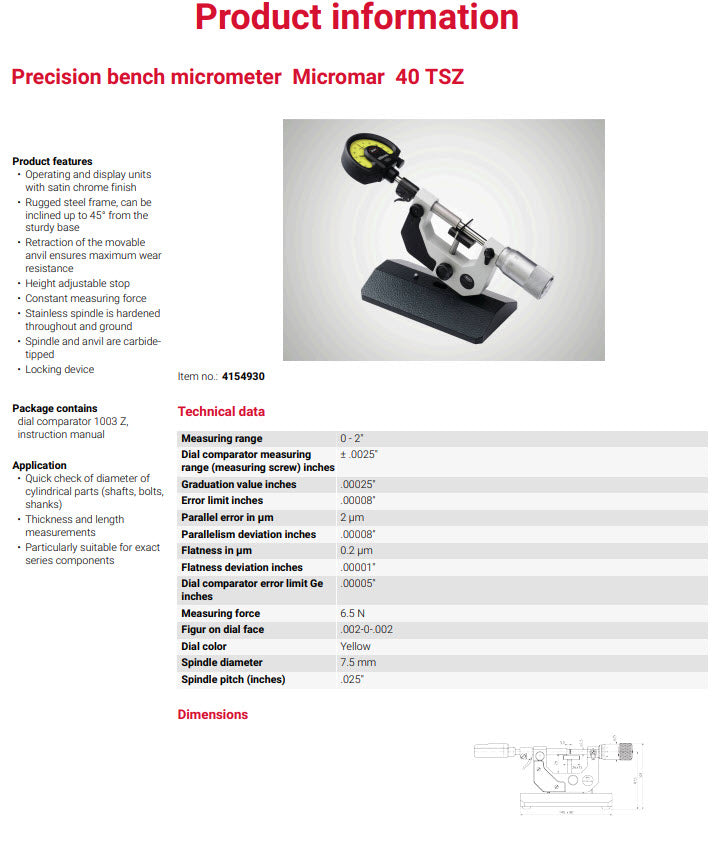 Mahr Micromar Precision Bench Micrometer 40 TS Range 0-50mm Without Comparator 4154031