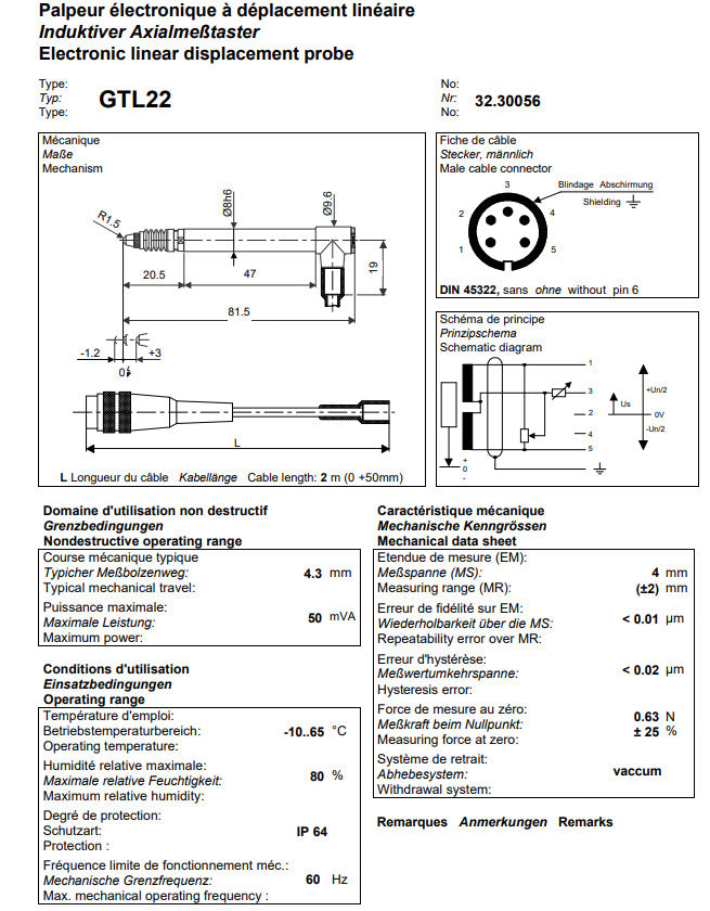 TESA 03230053 GT282 Probe Pneumatic ± 2mm 1N