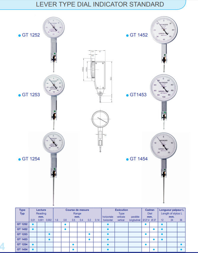 Girod GT1254 Lever Dial Indicator Horizontal Type, Graduation 0.01mm, Range 0.5mm, Stylus Length 36mm, Bezel Diameter 27.4mm
