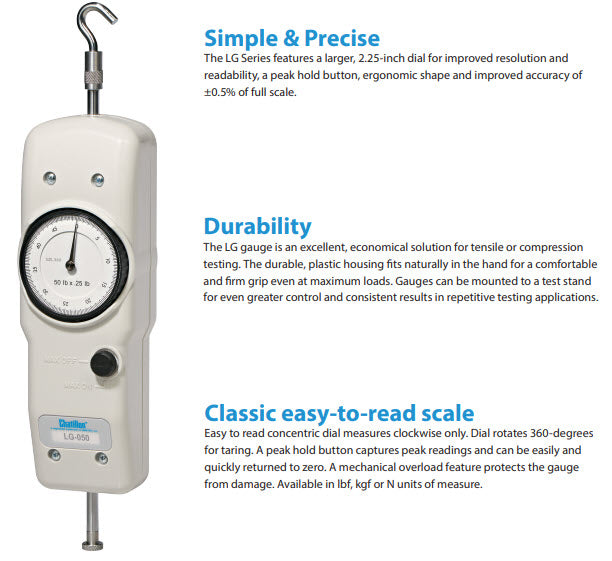 Chatillon LG-1KG, Mechanical Force Gauge : 1 x 0.005 kgf : #10-32M