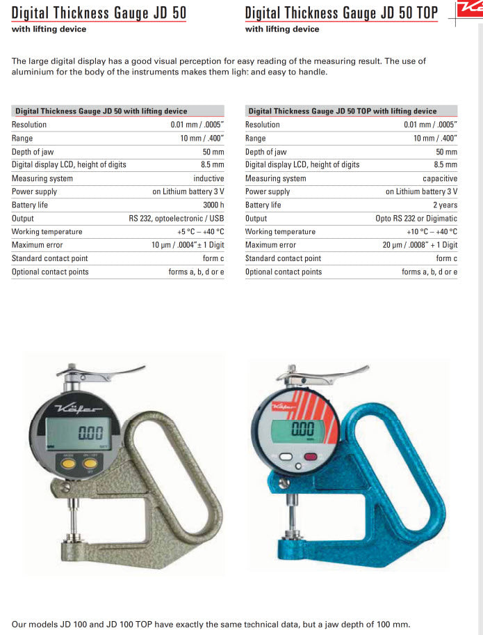 KAFER Digital Thickness Gauge JD 50/25 with Lifting Device - Reading: 0.01 mm 50mm throat
