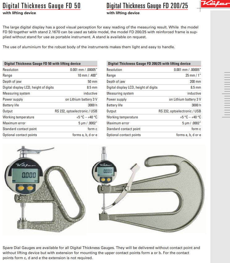 Käfer JD200/25 (0.01mm) Digital Thickness Gauge 200mm Jaw 0-25mm (0-1″)