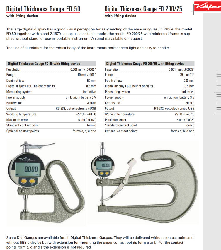 Käfer FD50/25 (0.001mm) Digital Thickness Gauge 50mm Jaw 0-25mm (0-1″)