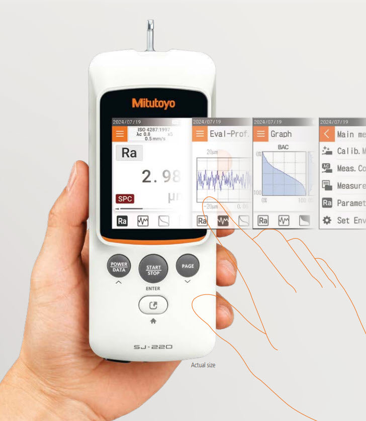 Mitutoyo 178-746-13 SJ-220S Portable Surface Roughness Tester, Transverse Drive, Stylus Tip Angle 90°, Radius 5μm, Imperial / Metric, Range X-Axis: .22"/5.6mm