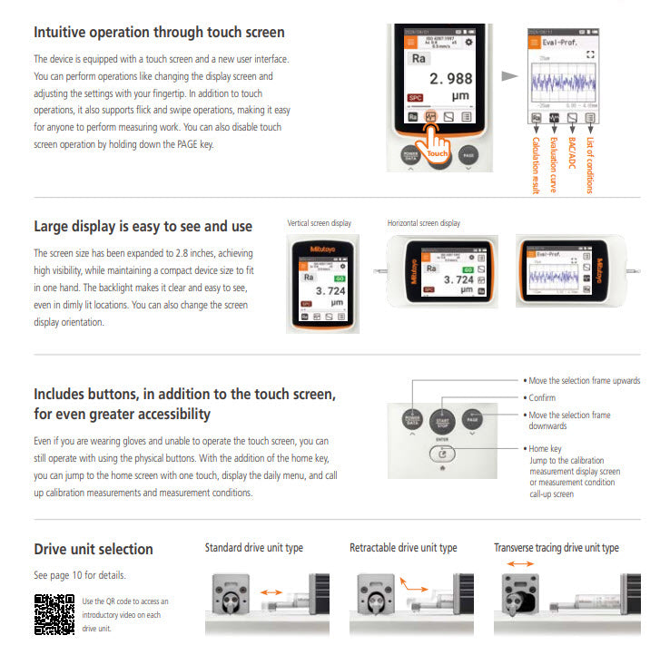 Mitutoyo 178-746-13 SJ-220S Portable Surface Roughness Tester, Transverse Drive, Stylus Tip Angle 90°, Radius 5μm, Imperial / Metric, Range X-Axis: .22"/5.6mm