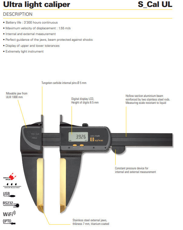 Sylvac Ultra light caliper S_Cal UL 0-1000mm/0-40" Resolution .01mm/.0005"