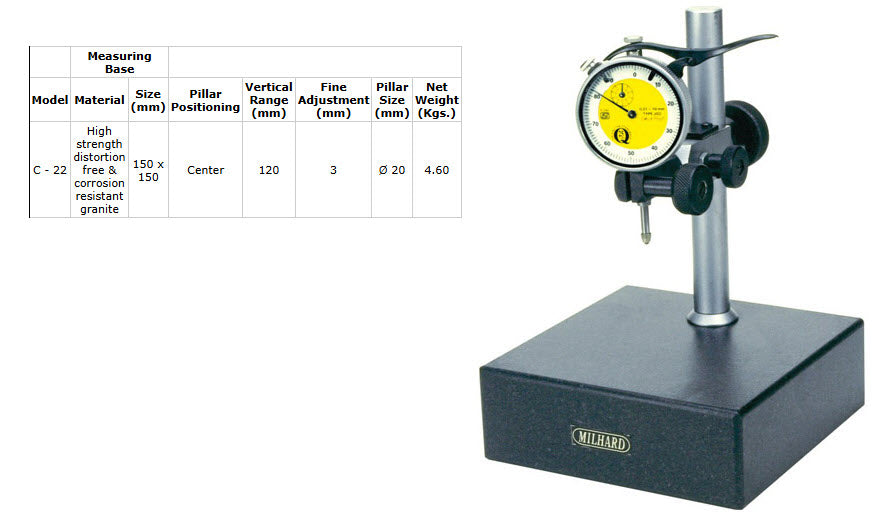 MILHARD Granite Comparator Stand C-22 Base 150 x 150mm Vertical range 120mm