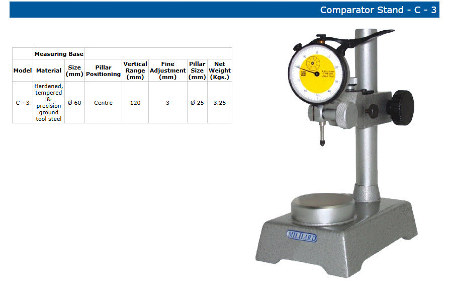 MILHARD Stands C3 Round base 60mm diameter Hardened, tempered & precision ground tool steelVertical Range 120mm Pillar 25mm