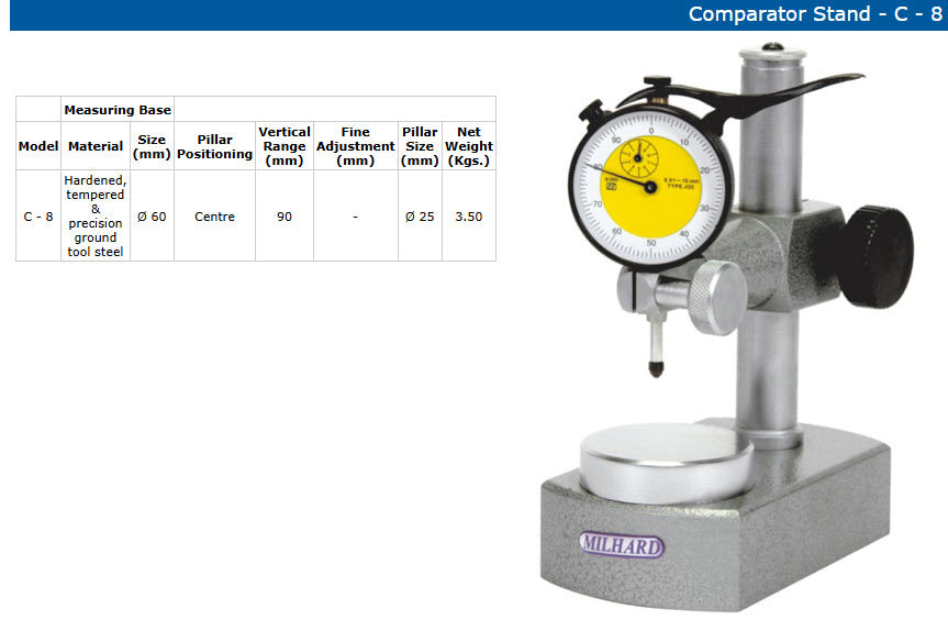 MILHARD Stands C-8 Round base 60mm diameter Hardened, tempered & precision ground tool steel Vertical Range 90mm Pillar 25mm
