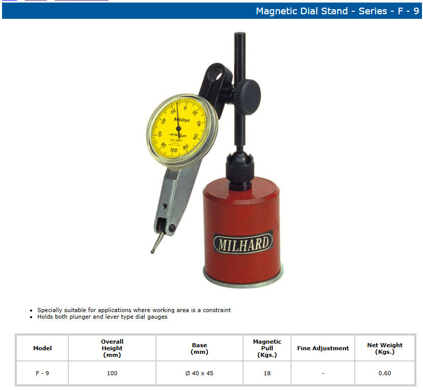 MILHARD F-9 Magnetic Base, 40 x 45mmm on a swivel joint overall height 100mm Magnetic pull 18kgs