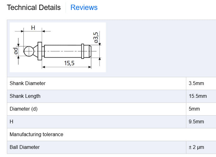 Mahr 4170561 Marameter Ball Contact, 5mm Diameter, 9mm Height