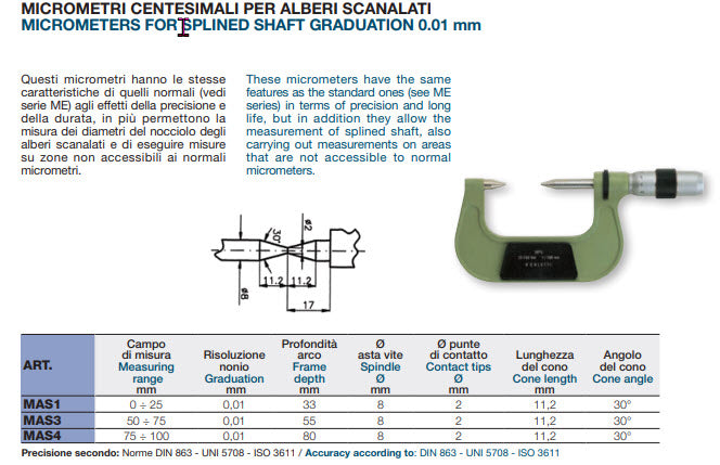 Borletti Micrometer manufactured in Italy P-MAS-TV2 Pointed 30 degree 25-50mm graduation .01mm