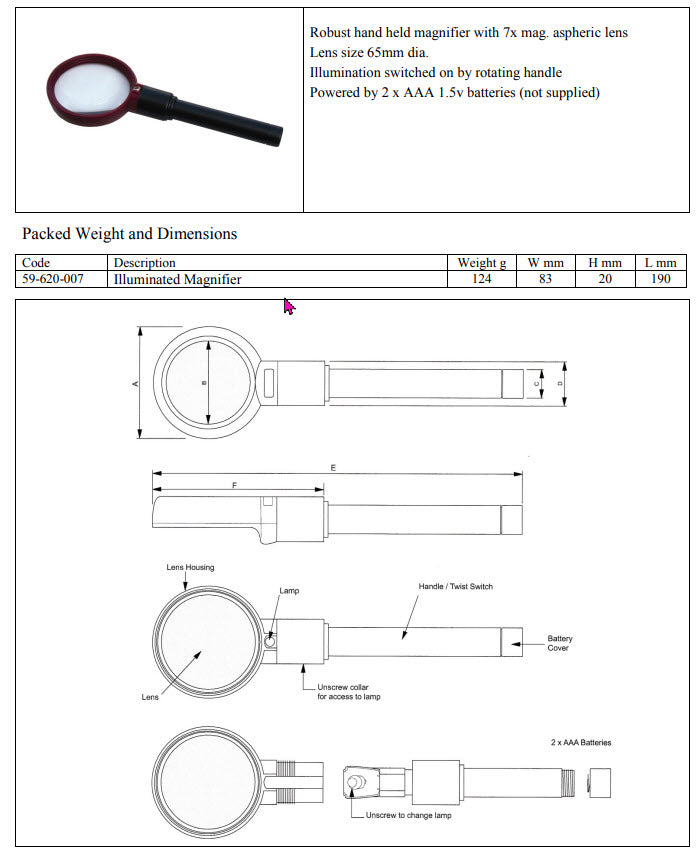 59-620-005 Magnifier, Hand-Held, 5x Magnification, 70mm Lens Dia.