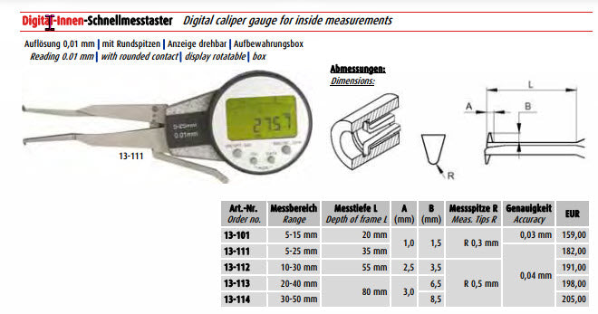 Inspec Groove Gauge 13-113 Range 20-40mm For inside groove measurement, Resolution .01mm 80mm depth