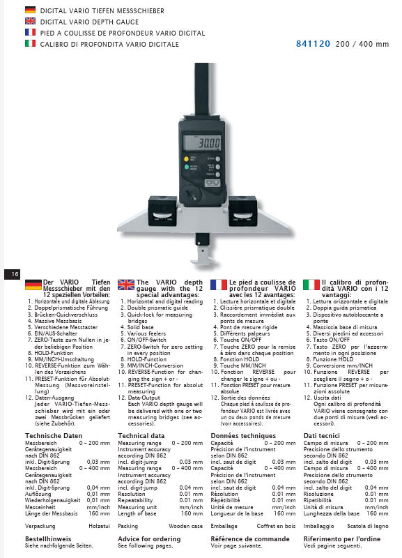 Pav Universal Digital Depth Gages Double Prismatic Frame — Double V Guide, 400mm, 841140E000