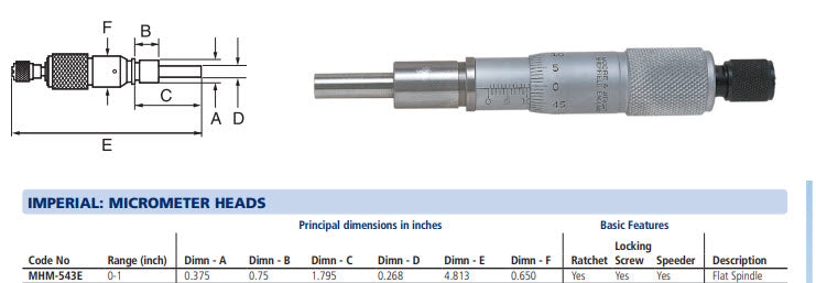 Moore & Wright Micrometer Heads MHM-543E 0-1" 3/8" Stem