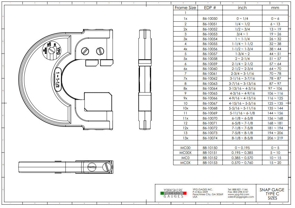 YPG Snap Gauges 57-64mm Type C