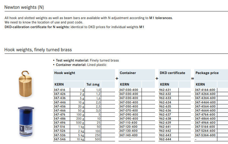 Kern 347-5164-600 M1 finely turned brass hook weights in a Wooden Box with DKD Calibration Certificate, Weight 1Kg Tolerance +/-50mg