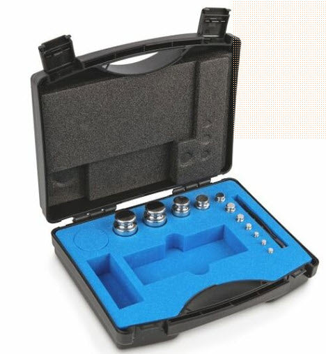 Kern 314-044 E2 Weight Sets 1g-200g in a lined plastic case Cylindrical shape, polished stainless steel Dust-brush, tweezers and gloves to handle the weights included, DKD Certificate of Calibration Included