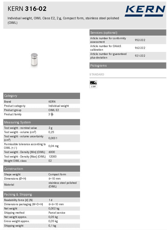 KERN® Test weight 316-02 OIML Class E2, Nominal value 2g, Platelet, Stainless Steel polished
